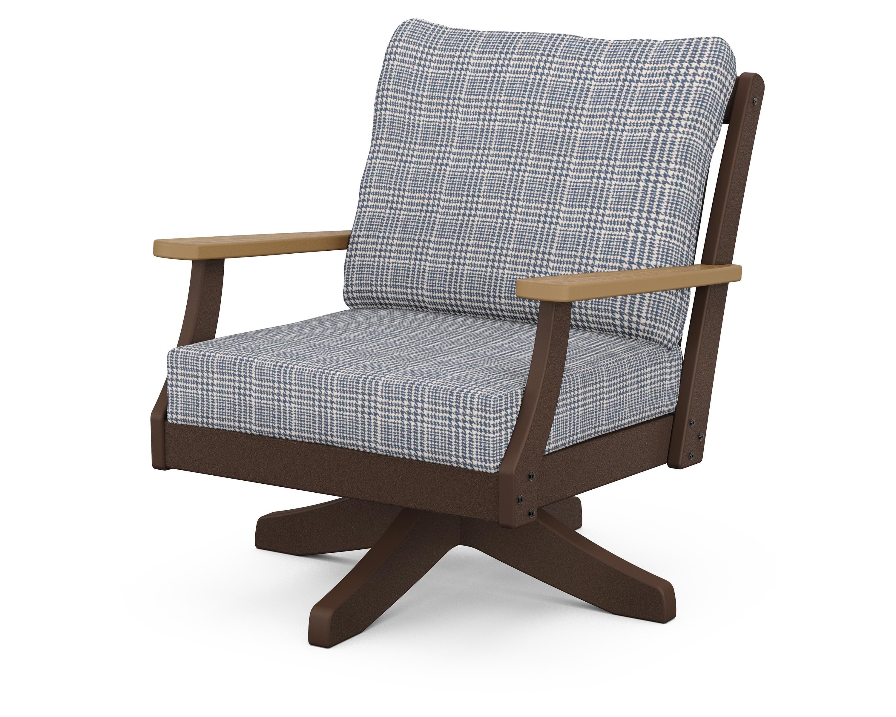 POLYWOOD® Braxton Deep Seating Swivel Chair in Mahogany / Natural / Houndstooth Sky Blue