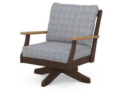 POLYWOOD® Braxton Deep Seating Swivel Chair in Mahogany / Natural / Houndstooth Sky Blue