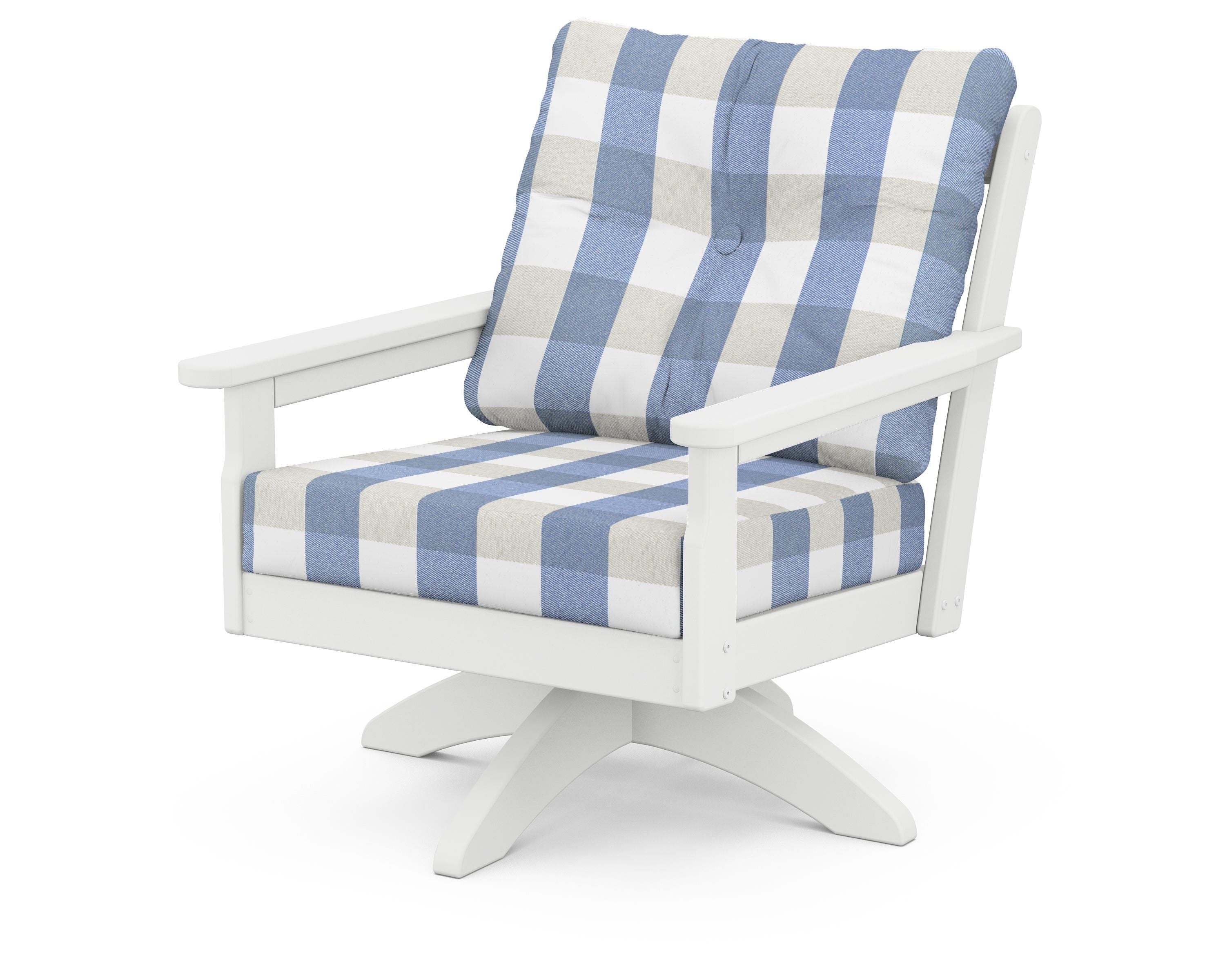 POLYWOOD® Vineyard Deep Seating Swivel Chair in White / Buffalo Plaid Sky Blue