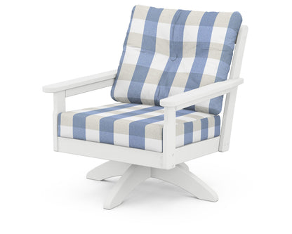 POLYWOOD® Vineyard Deep Seating Swivel Chair in White / Buffalo Plaid Sky Blue