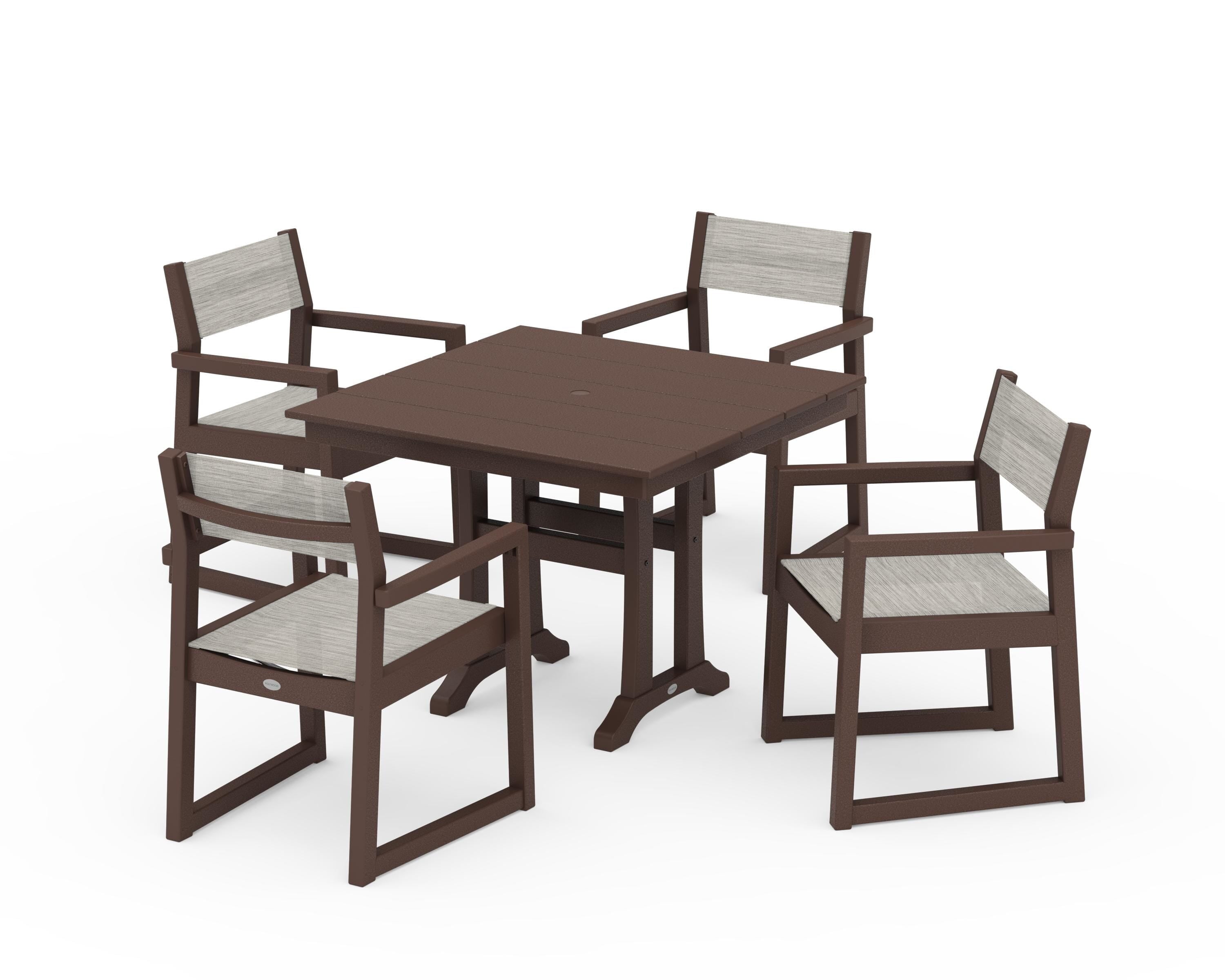 POLYWOOD® EDGE Sling 5-Piece Farmhouse Dining Set with Trestle Legs in Mahogany / Birch Sling