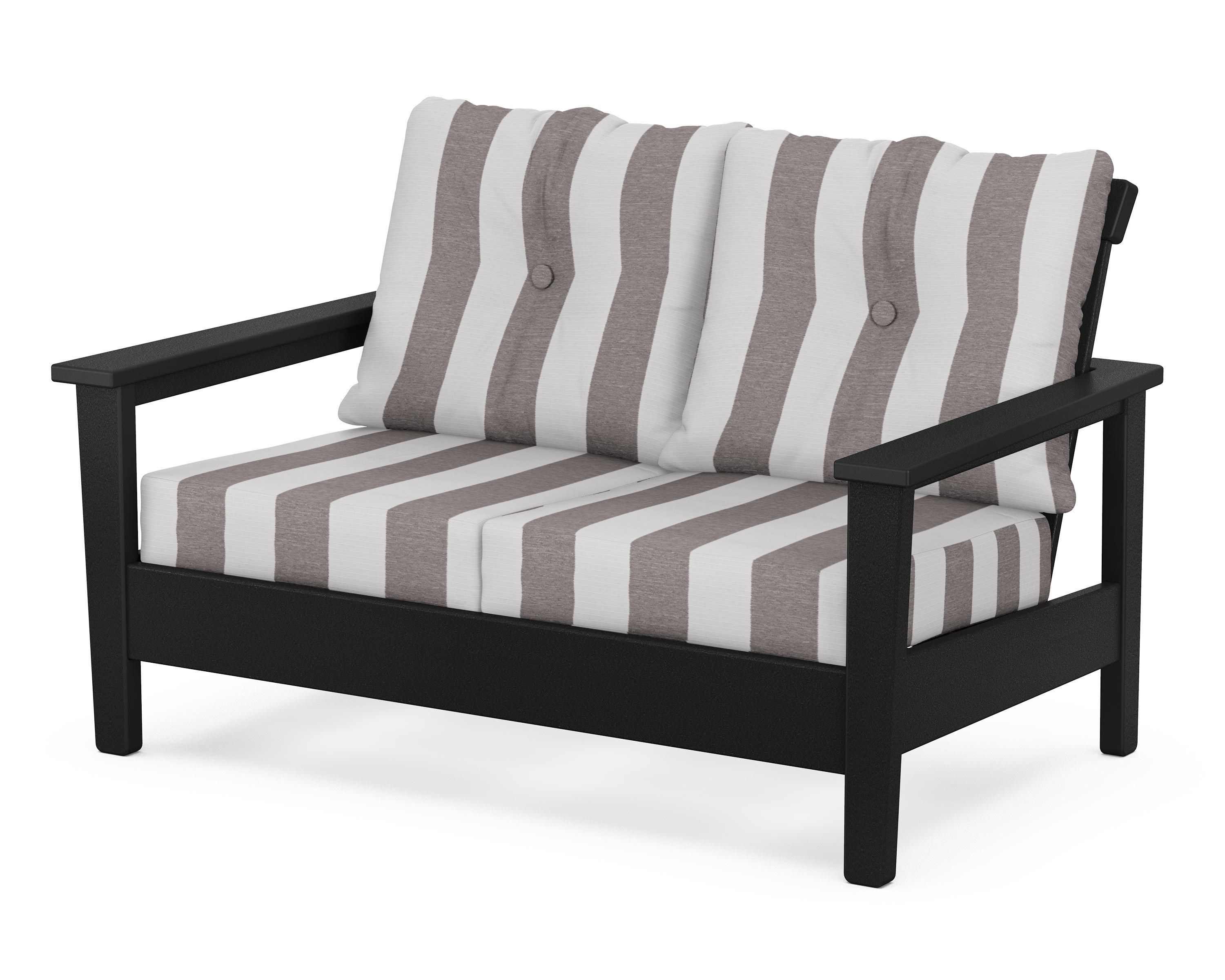 POLYWOOD® Prescott Deep Seating Loveseat in Black / Cabana Stripe Grey Mist