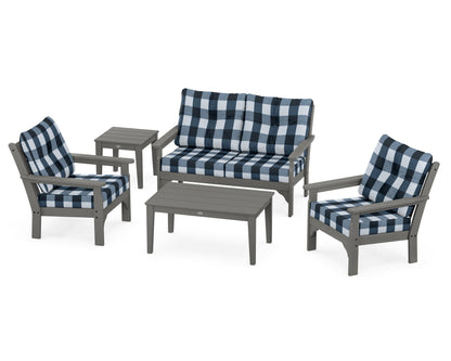 POLYWOOD® Vineyard 5-Piece Deep Seating Set in Slate Grey / Buffalo Plaid Marine Indigo