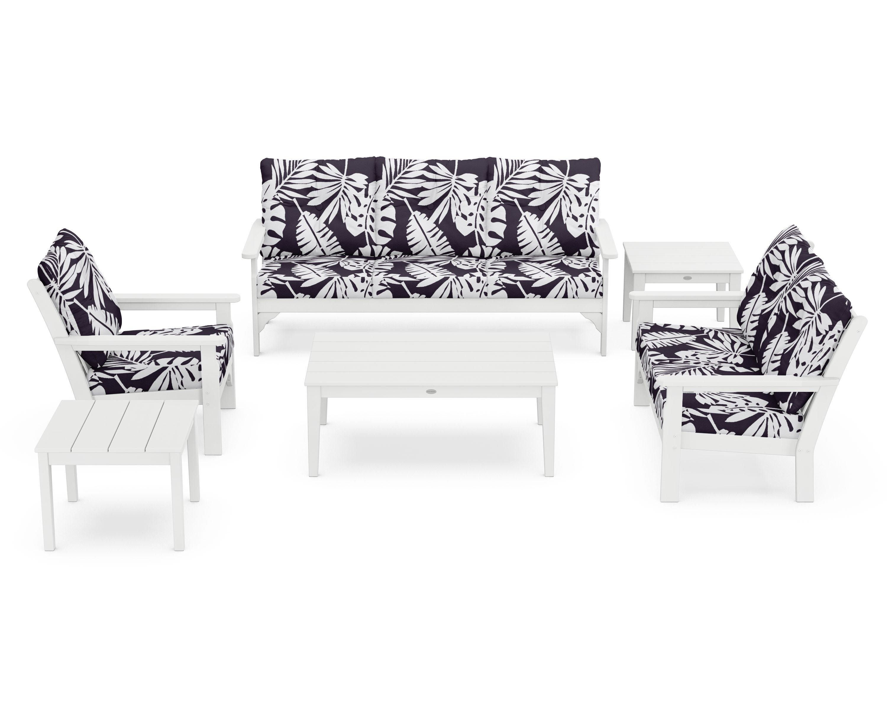 POLYWOOD® Vineyard 6-Piece Deep Seating Set in White / Leaf Navy