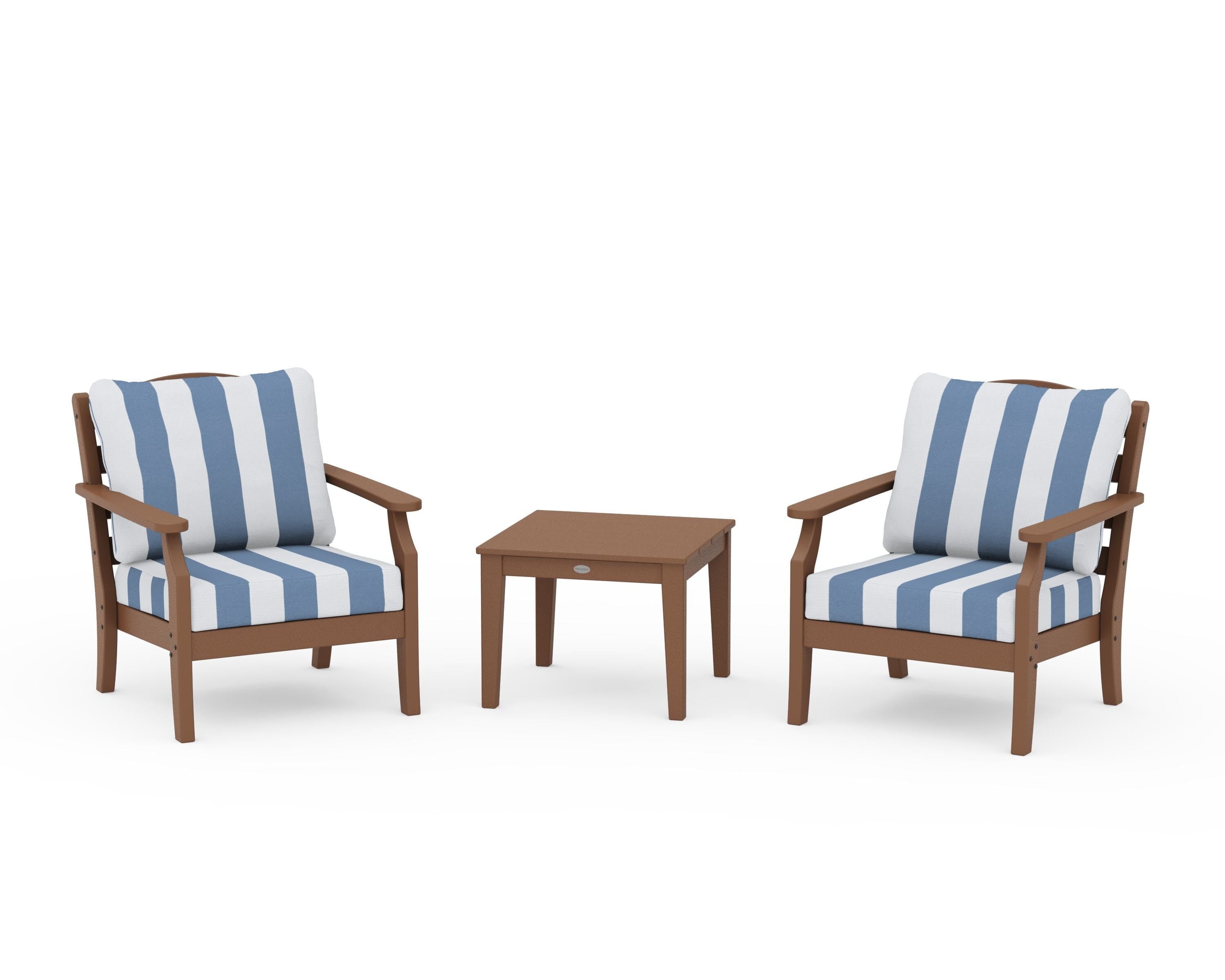 Draper James™ by  POLYWOOD® Savannah 3-Piece Deep Seating Set in Teak / Cabana Stripe Sky Blue