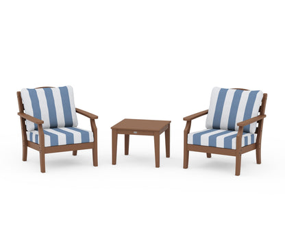 Draper James™ by  POLYWOOD® Savannah 3-Piece Deep Seating Set in Teak / Cabana Stripe Sky Blue