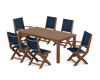 POLYWOOD® Coastal Folding Chair 7-Piece Parsons Dining Set in Teak / Navy Blue Sling