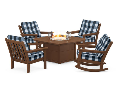 POLYWOOD® Vineyard 5-Piece Deep Seating Rocking Chair Conversation Set with Fire Pit Table in Teak / Buffalo Plaid Marine Indigo