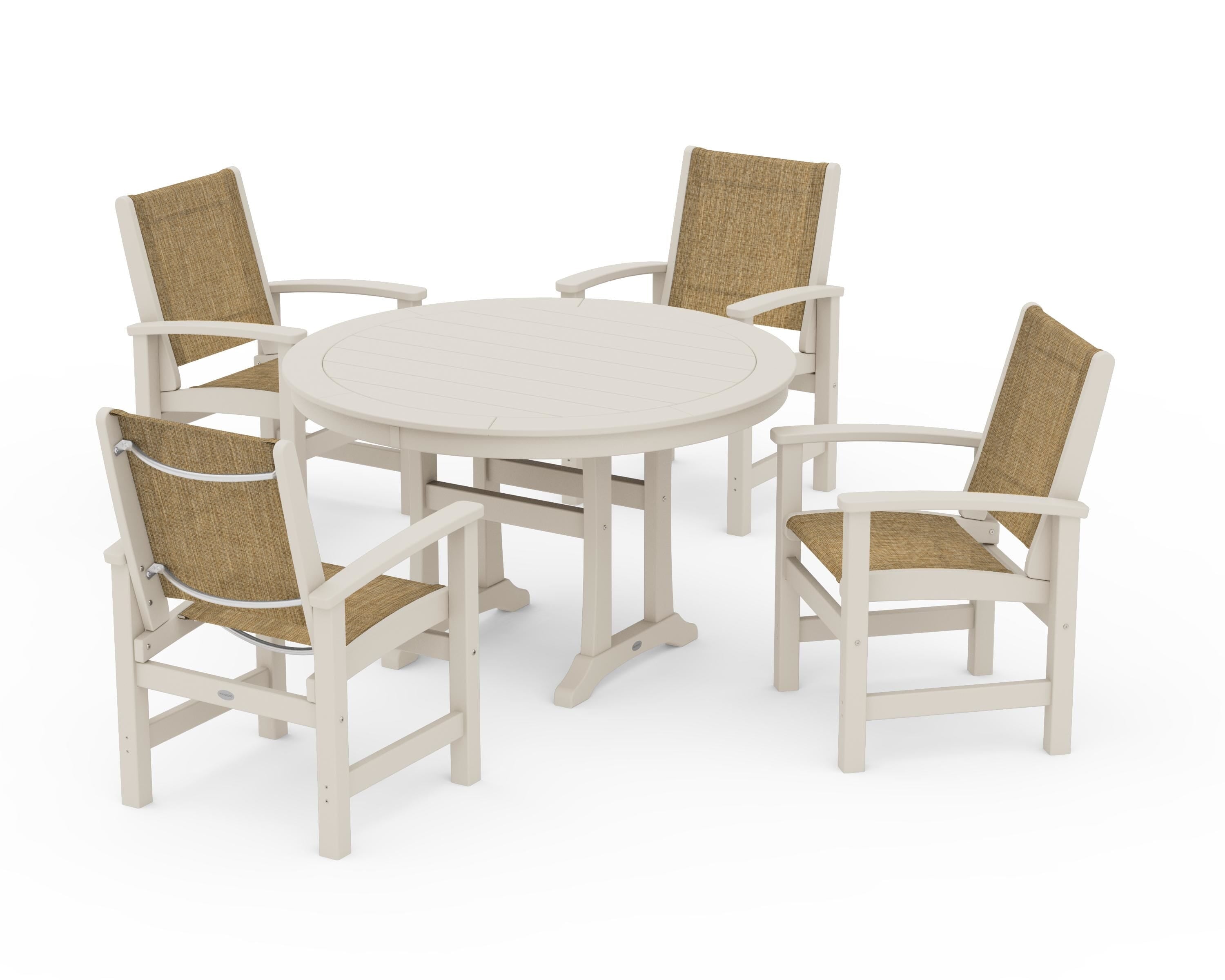 POLYWOOD® Coastal 5-Piece Round Dining Set with Trestle Legs in Sand / Burlap Sling