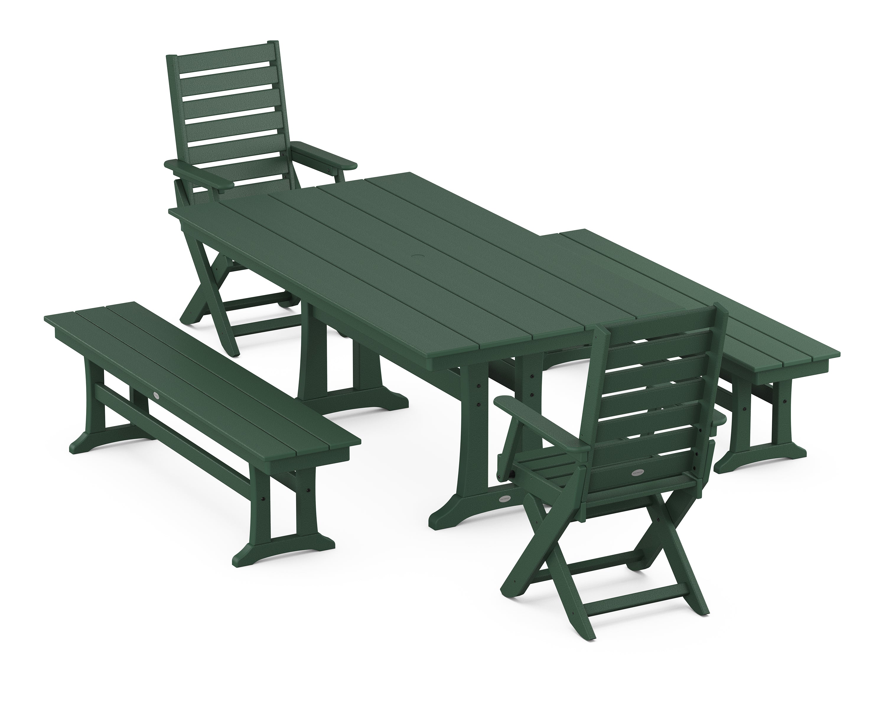 POLYWOOD® Captain Folding Chair 5-Piece Farmhouse Dining Set With Trestle Legs in Green