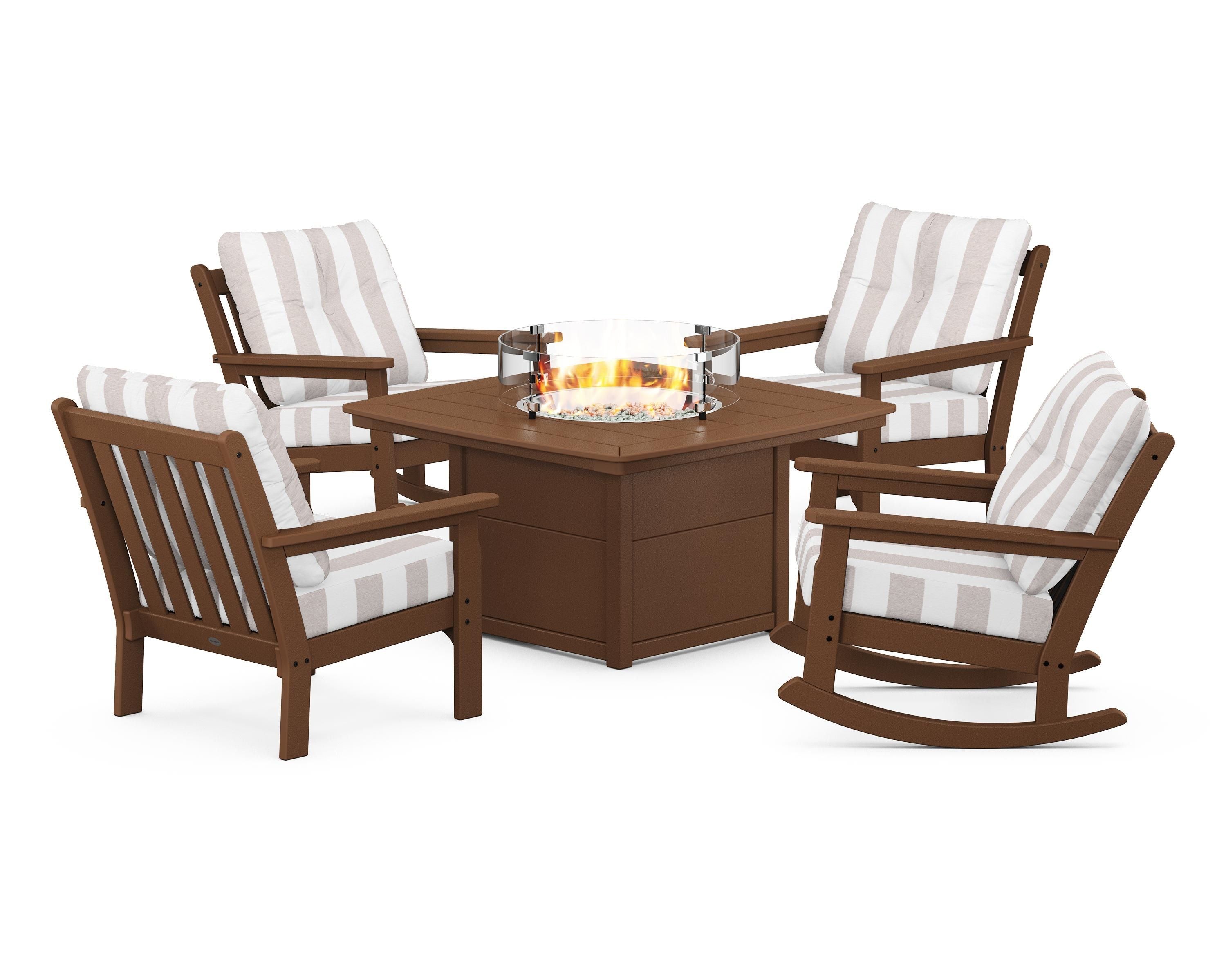 POLYWOOD® Vineyard 5-Piece Deep Seating Rocking Chair Conversation Set with Fire Pit Table in Teak / Cabana Stripe Dune Burlap