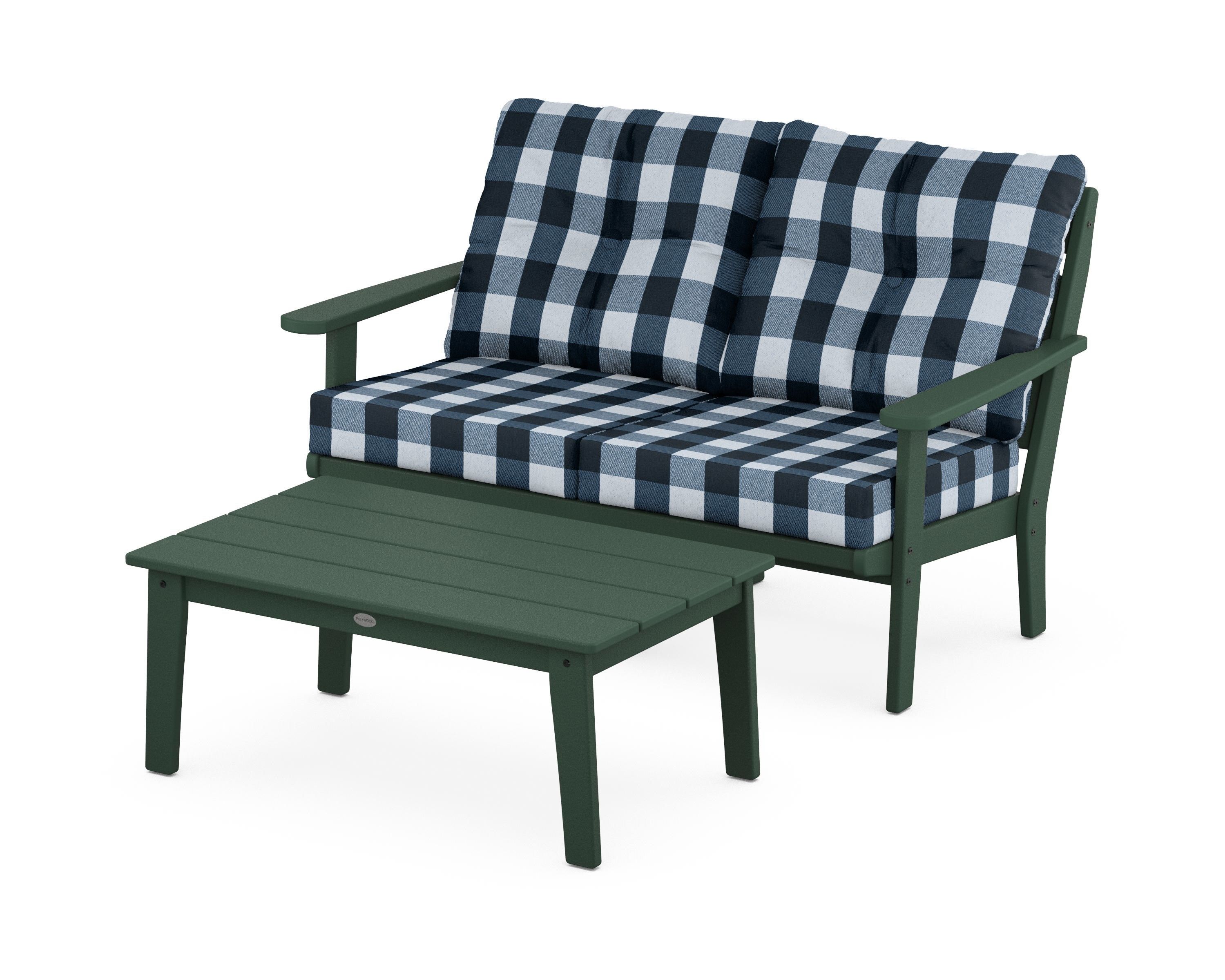 POLYWOOD® Lakeside 2-Piece Lounge Loveseat Set in Green / Buffalo Plaid Marine Indigo