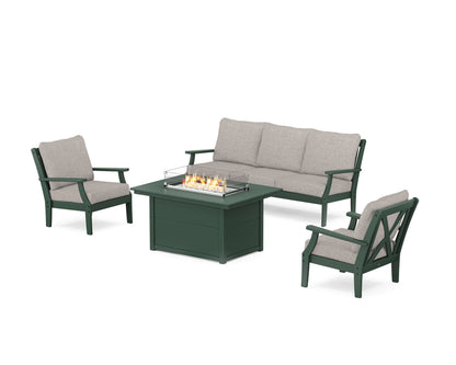 POLYWOOD® Braxton Deep Seating Fire Pit Table Set in Green / Weathered Tweed