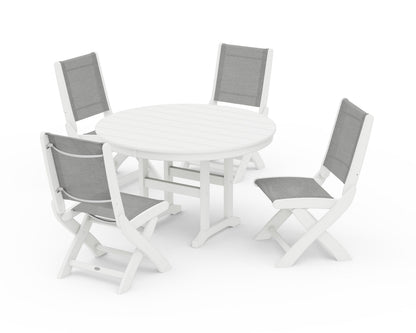 POLYWOOD® Coastal Folding Side Chair 5-Piece Round Dining Set in White / Metallic Sling