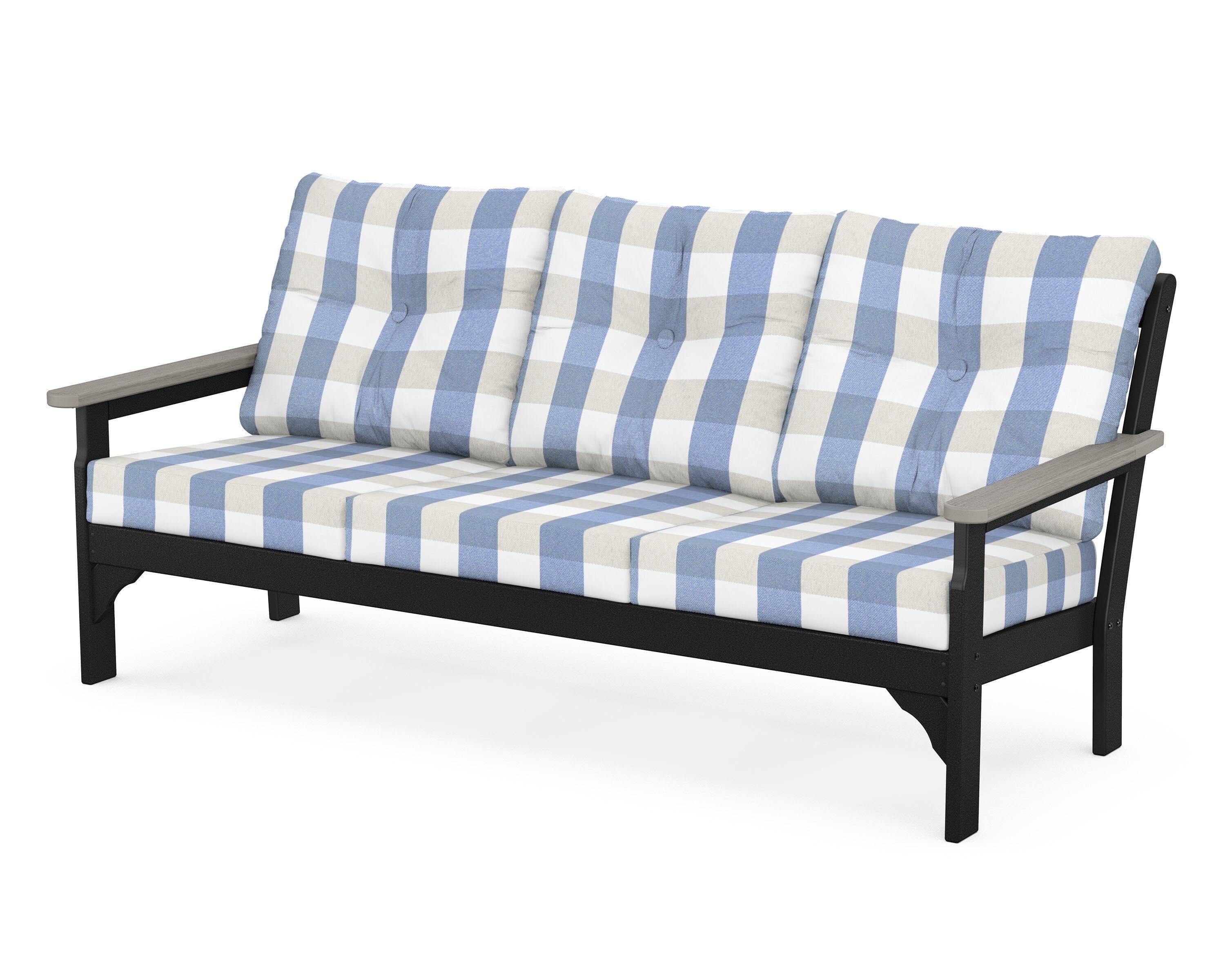 POLYWOOD® Vineyard Deep Seating Sofa in Black / Driftwood / Buffalo Plaid Sky Blue
