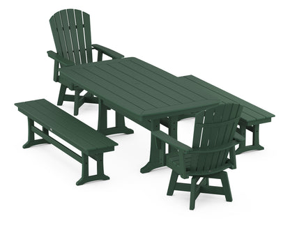 POLYWOOD® Nautical Curveback Adirondack Swivel Chair 5-Piece Dining Set with Trestle Legs and Benches in Green