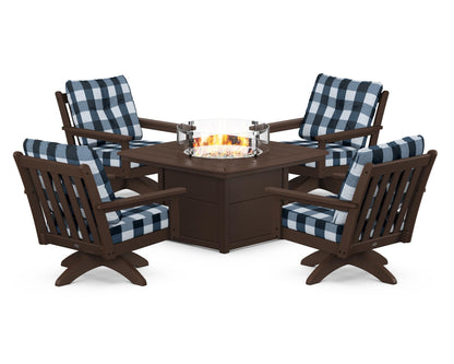 POLYWOOD® Vineyard 5-Piece Deep Seating Swivel Conversation Set with Fire Pit Table in Mahogany / Buffalo Plaid Marine Indigo