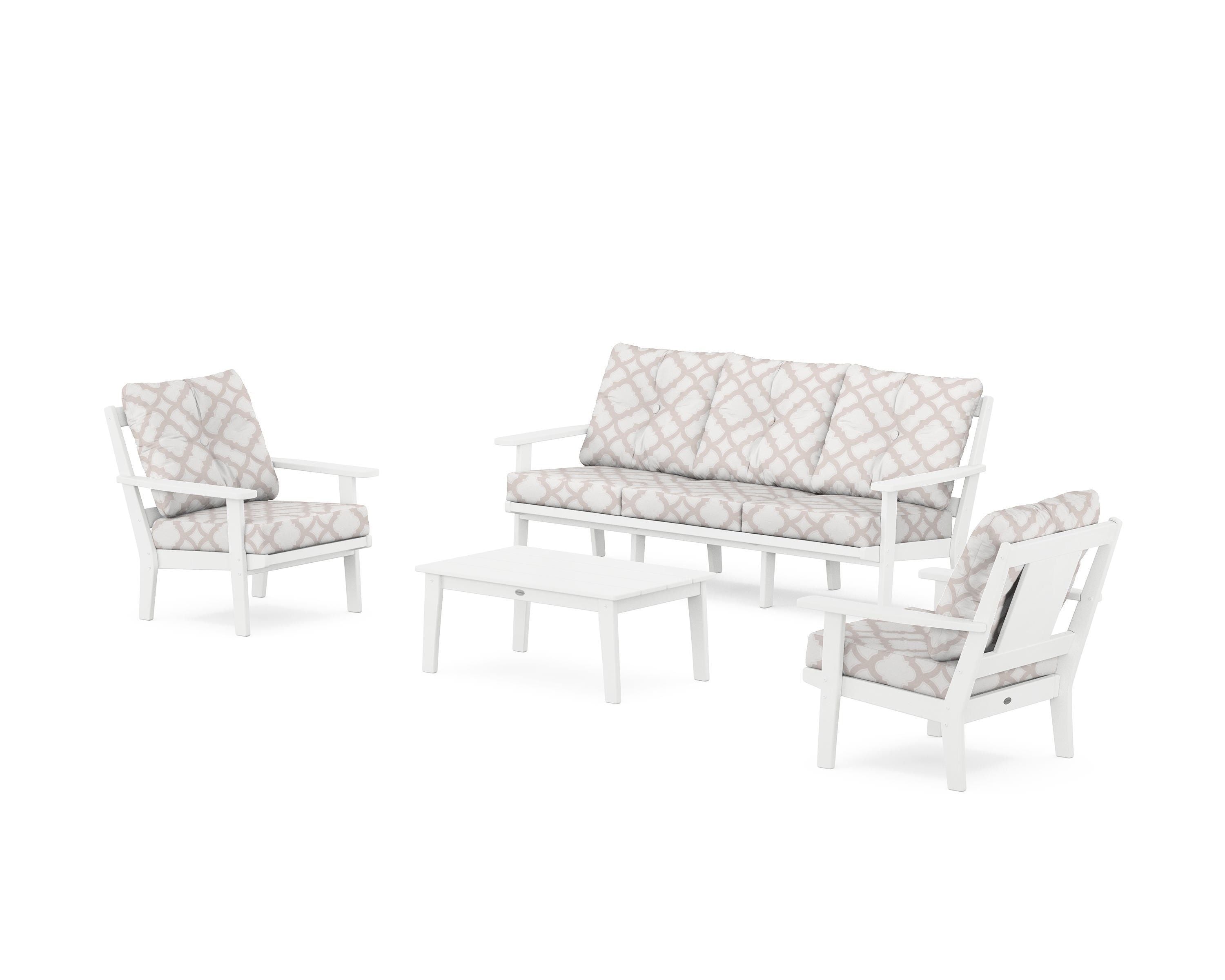 POLYWOOD® Prairie 4-Piece Deep Seating Set with Sofa in White / Trellis Dune Burlap