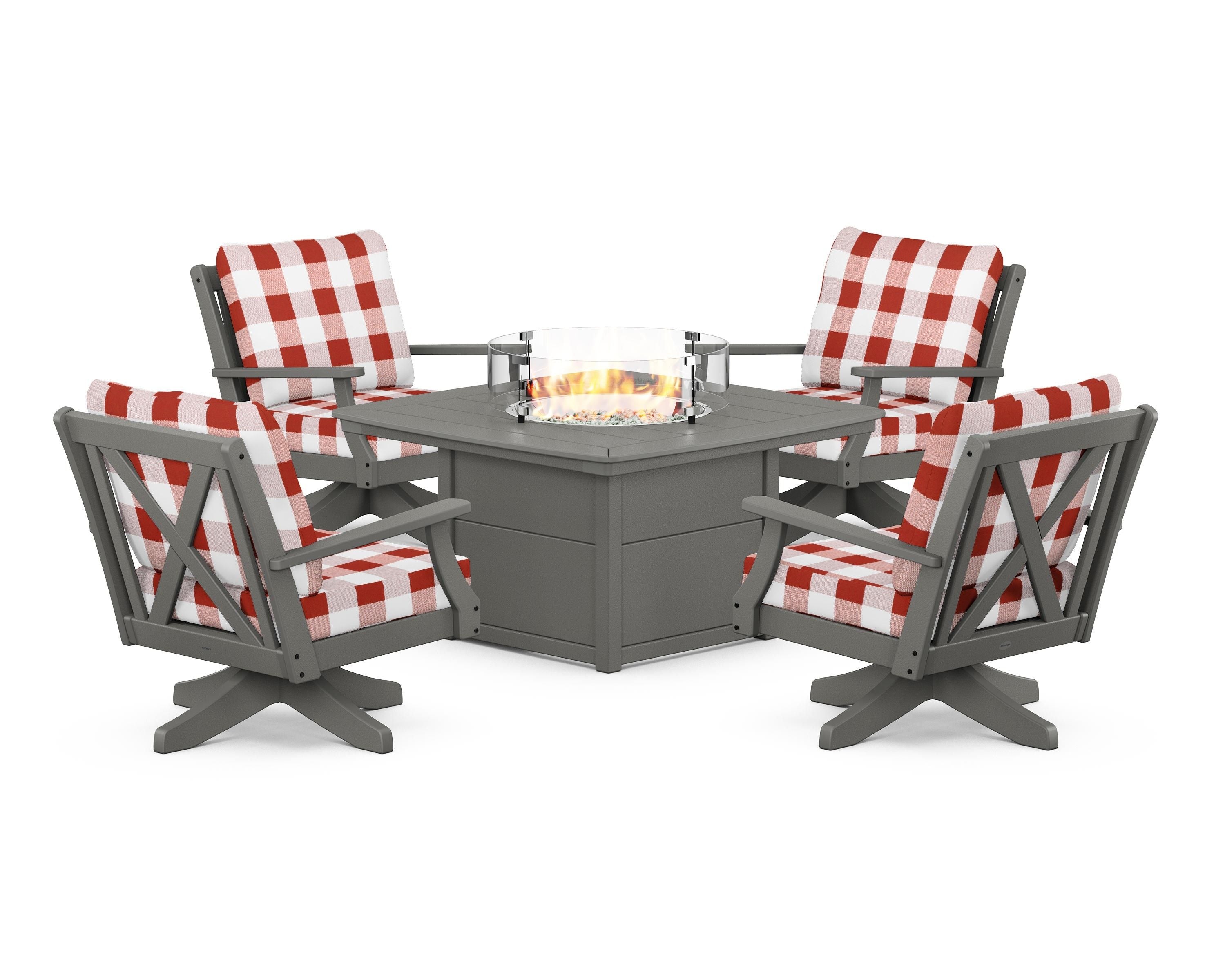 POLYWOOD® Braxton 5-Piece Deep Seating Swivel Conversation Set with Fire Pit Table in Slate Grey / Buffalo Plaid Crimson
