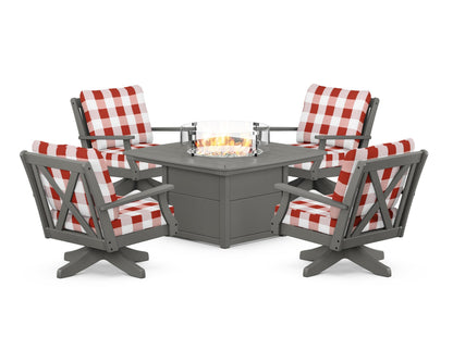 POLYWOOD® Braxton 5-Piece Deep Seating Swivel Conversation Set with Fire Pit Table in Slate Grey / Buffalo Plaid Crimson