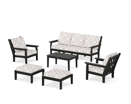 POLYWOOD® Chippendale 6-Piece Lounge Sofa Set in Black / Trellis Dune Burlap
