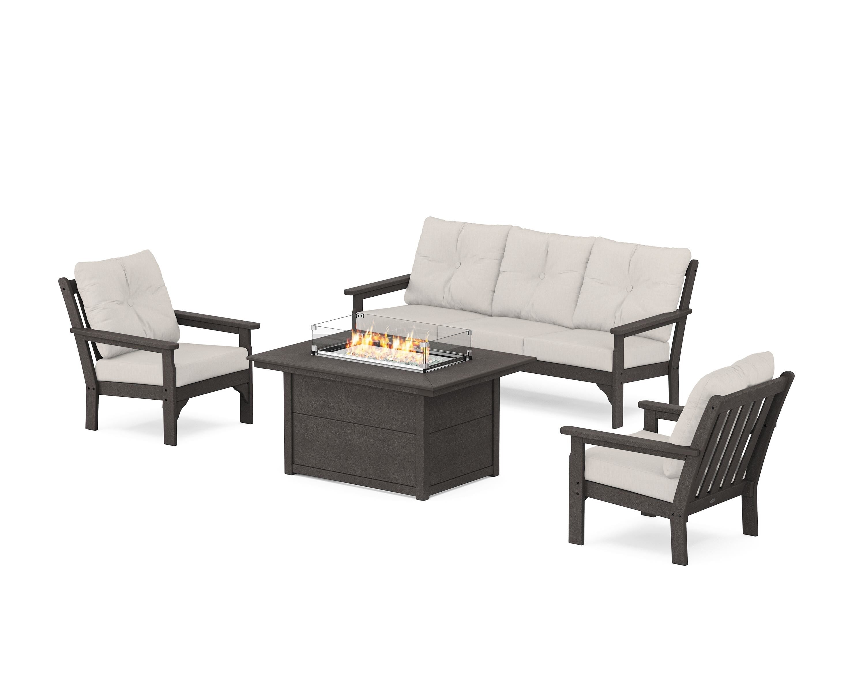 POLYWOOD® Vineyard Deep Seating Fire Pit Table Set in Vintage Coffee / Cast Ash