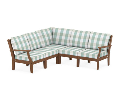 POLYWOOD® Braxton Modular 5-Piece Deep Seating Set in Teak / Buffalo Plaid Glacier Spa