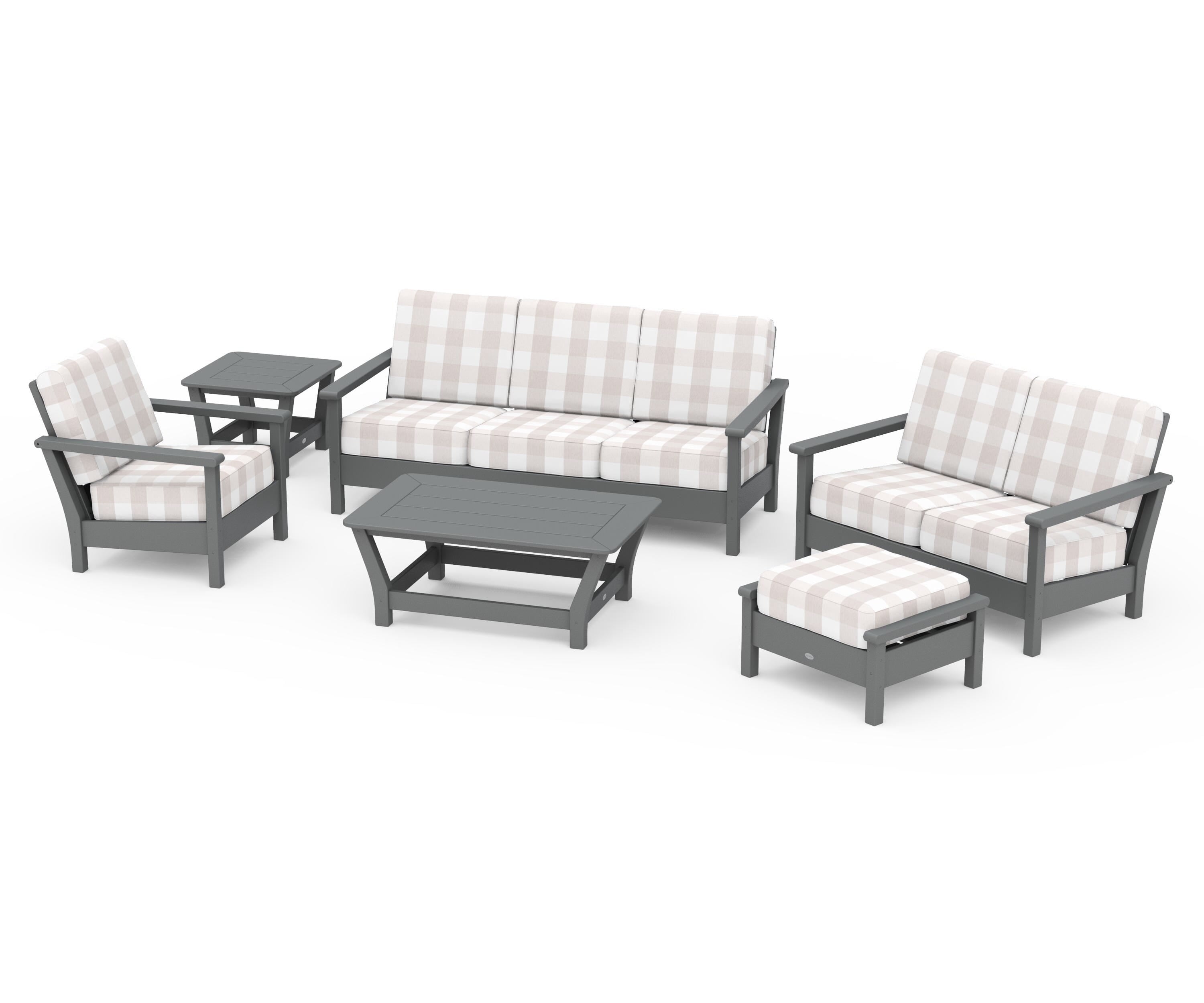 POLYWOOD® Harbour 6-Piece Outdoor Living Set in Slate Grey / Buffalo Plaid Dune Burlap