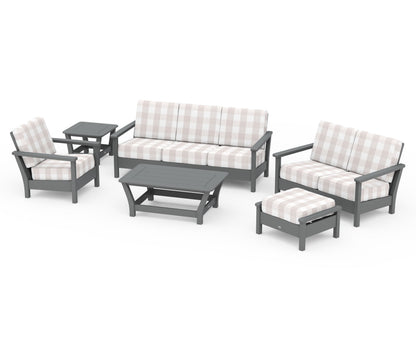 POLYWOOD® Harbour 6-Piece Outdoor Living Set in Slate Grey / Buffalo Plaid Dune Burlap