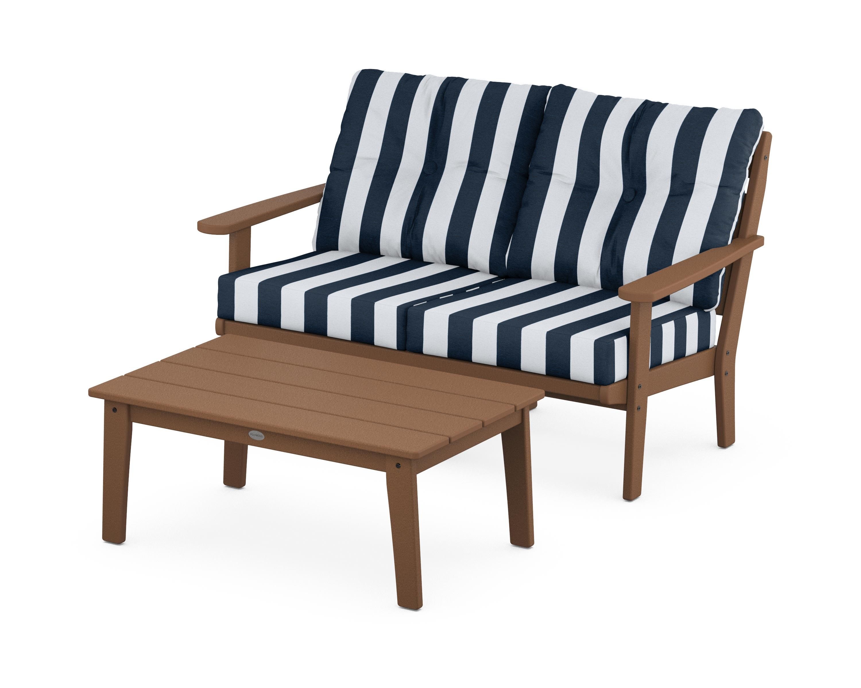 POLYWOOD® Lakeside 2-Piece Lounge Loveseat Set in Teak / Cabana Stripe Marine Indigo