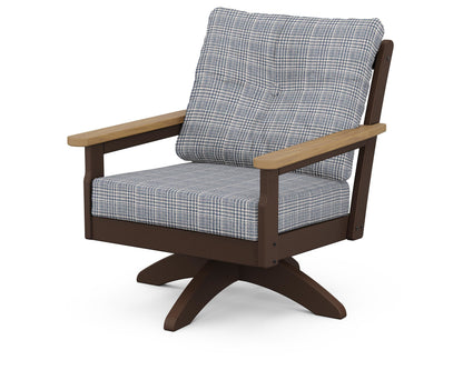 POLYWOOD® Vineyard Deep Seating Swivel Chair in Mahogany / Natural / Houndstooth Sky Blue