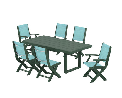 POLYWOOD® Coastal Folding Chair 7-Piece Dining Set with Trestle Legs in Green / Dupioni Aquamarine Sling