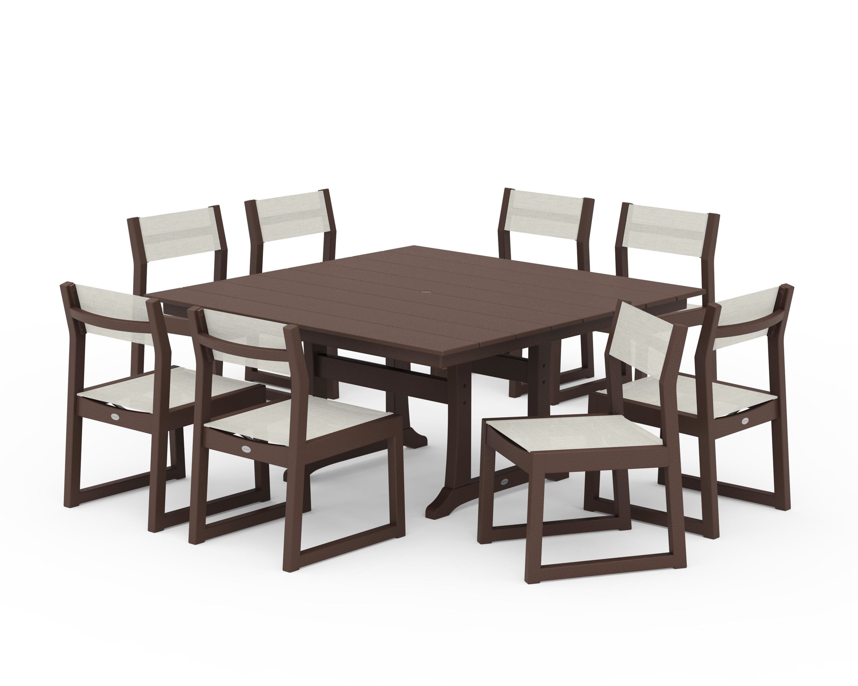 POLYWOOD® EDGE Sling Side Chair 9-Piece Farmhouse Trestle Dining Set in Mahogany / Parchment Sling