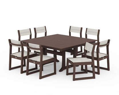 POLYWOOD® EDGE Sling Side Chair 9-Piece Farmhouse Trestle Dining Set in Mahogany / Parchment Sling