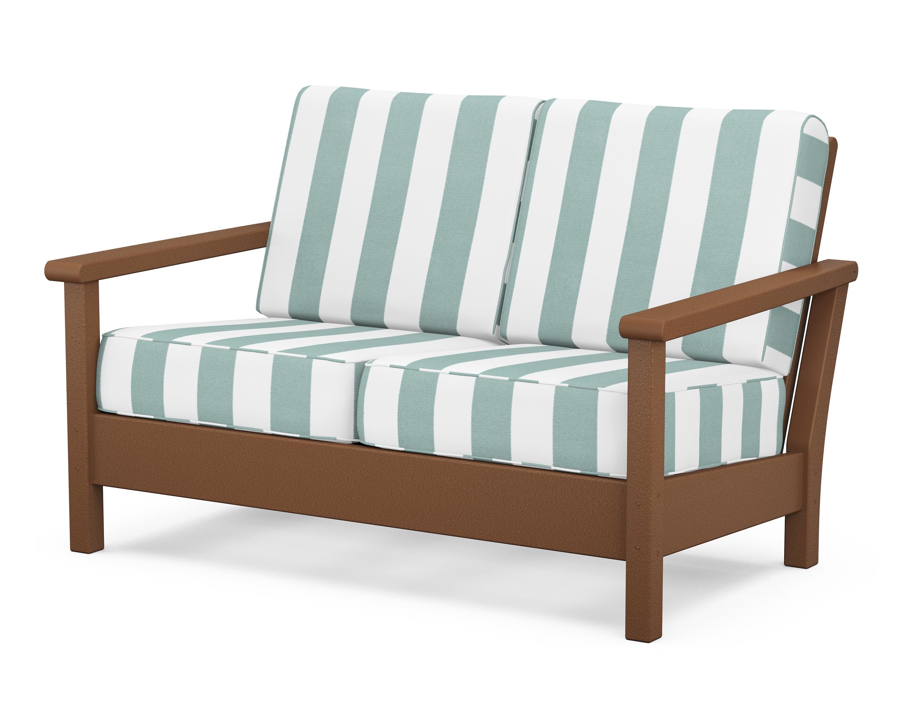 POLYWOOD® Harbour Deep Seating Loveseat in Teak / Cabana Stripe Glacier Spa