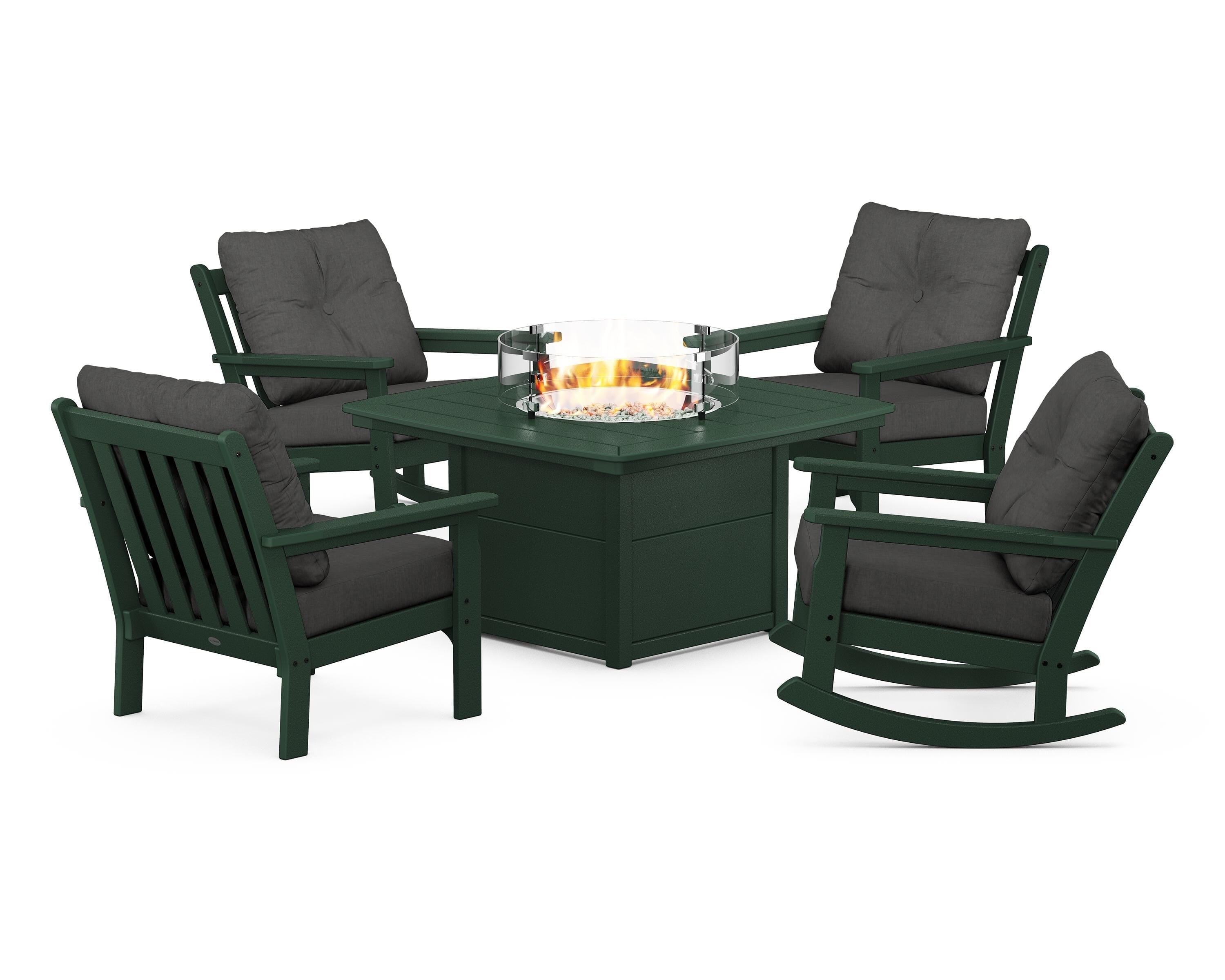 POLYWOOD® Vineyard 5-Piece Deep Seating Rocking Chair Conversation Set with Fire Pit Table in Green / Spectrum Carbon