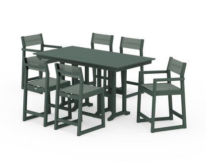 POLYWOOD® EDGE Sling 7-Piece Farmhouse Counter Set with Trestle Legs in Green / Dupioni Sea Mist Sling