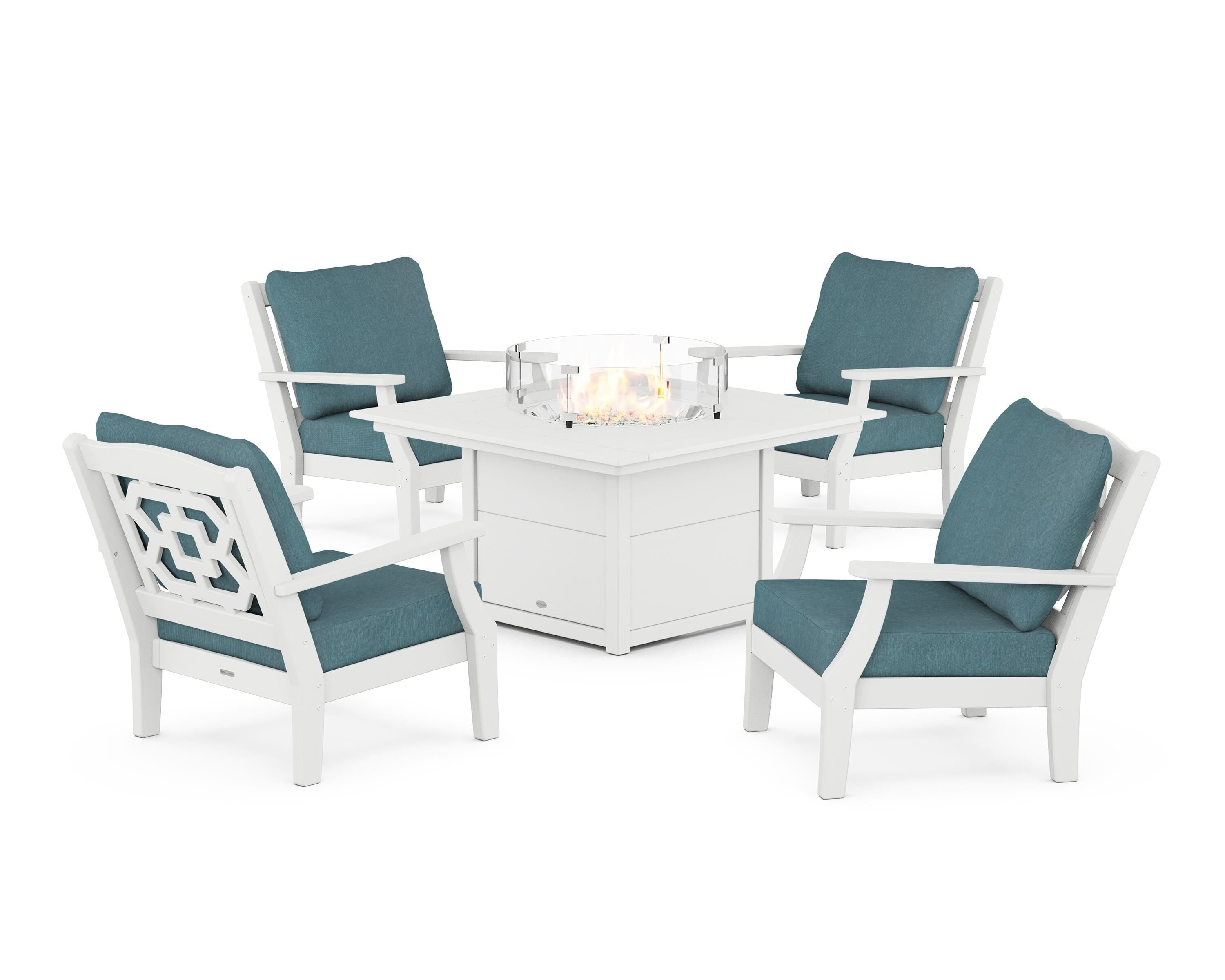 Martha Stewart by POLYWOOD® Chinoiserie 5-Piece Deep Seating Set with Fire Pit Table in White / Ocean Teal