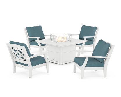 Martha Stewart by POLYWOOD® Chinoiserie 5-Piece Deep Seating Set with Fire Pit Table in White / Ocean Teal