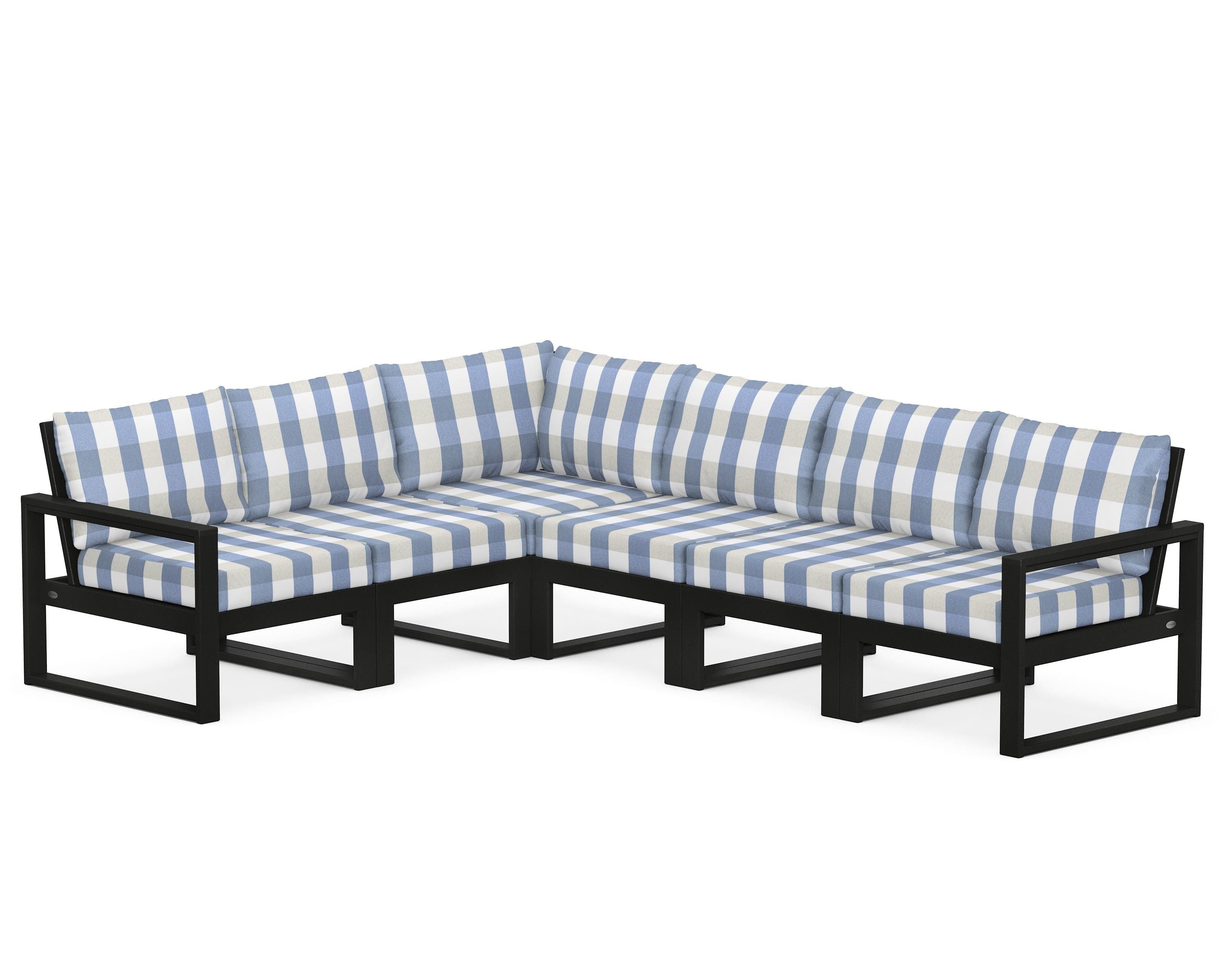 POLYWOOD® EDGE 6-Piece Modular Deep Seating Set in Black / Buffalo Plaid Sky Blue