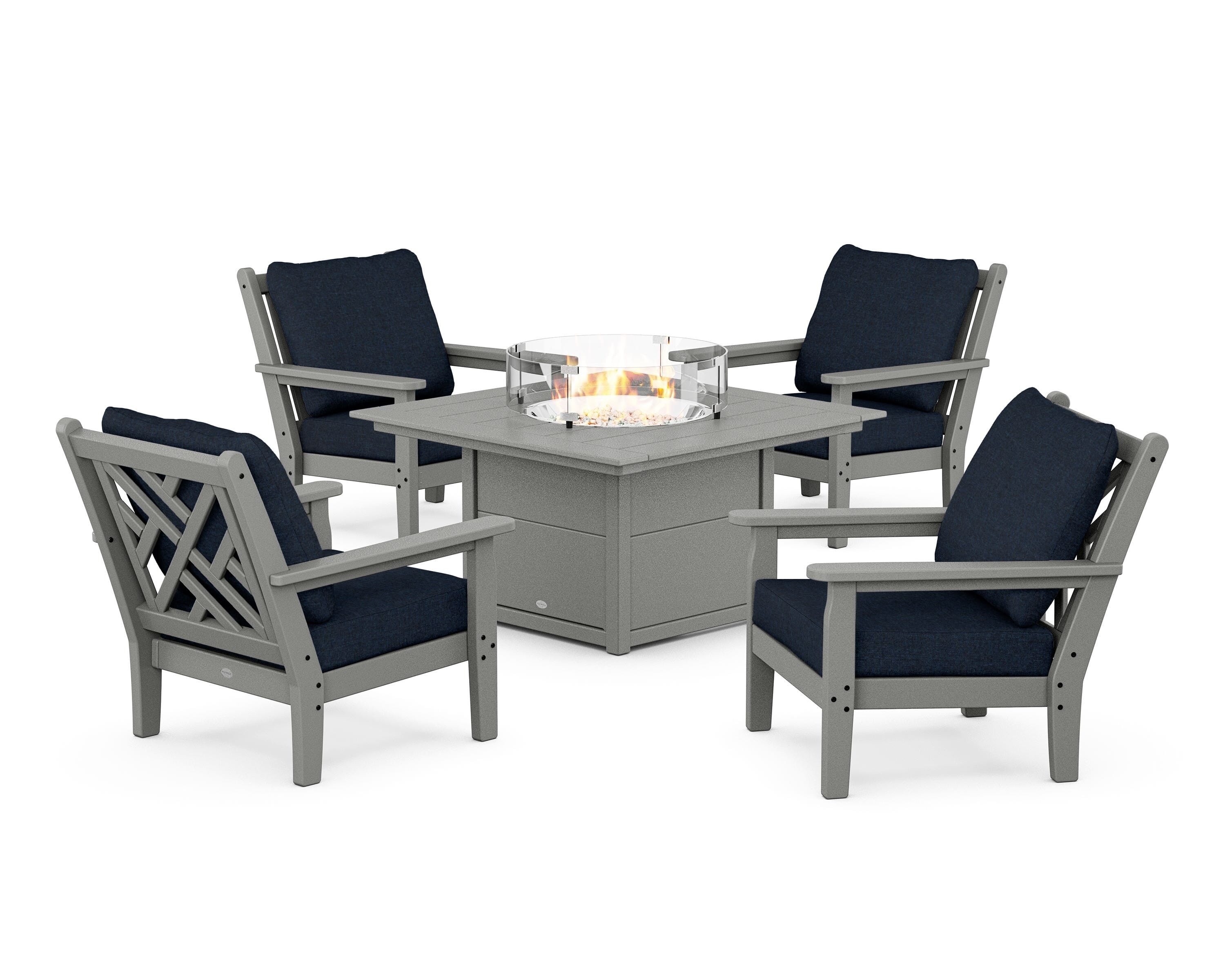 POLYWOOD® Chippendale 5-Piece Deep Seating Set with Fire Pit Table in Slate Grey / Marine Indigo