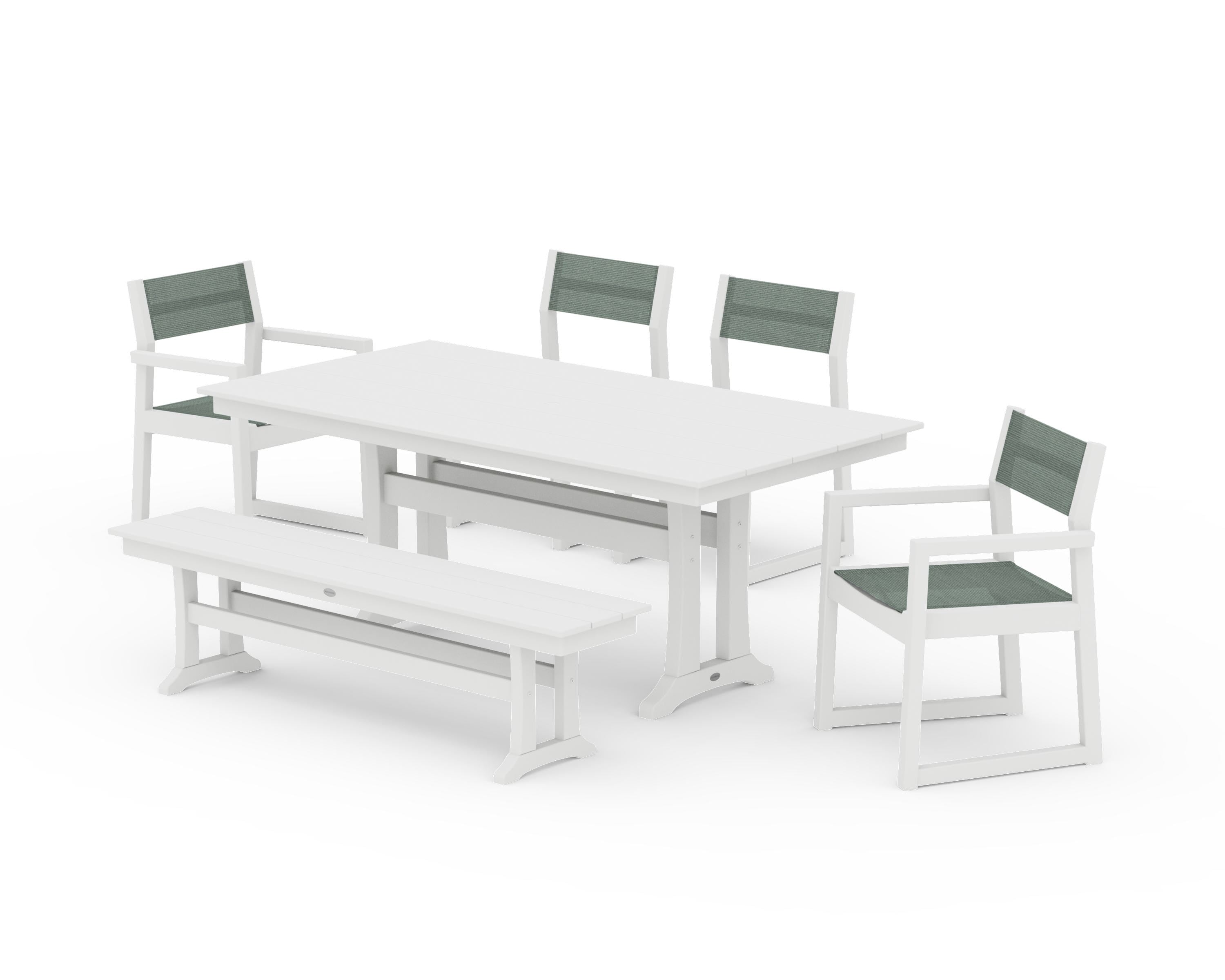 POLYWOOD® EDGE Sling 6-Piece Farmhouse Dining Set With Trestle Legs in White / Dupioni Sea Mist Sling
