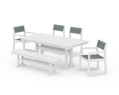POLYWOOD® EDGE Sling 6-Piece Farmhouse Dining Set With Trestle Legs in White / Dupioni Sea Mist Sling