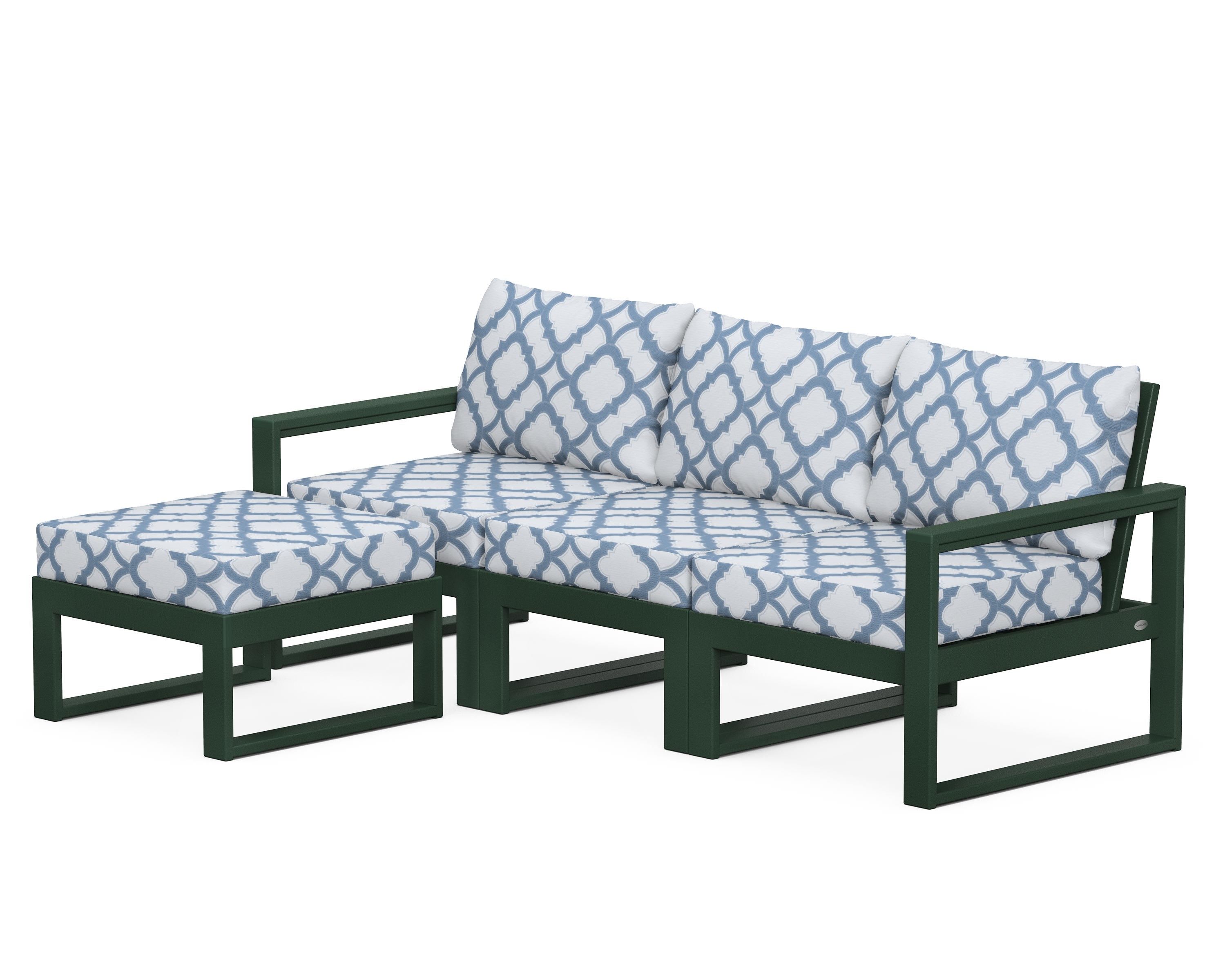 POLYWOOD® EDGE 4-Piece Modular Deep Seating Set with Ottoman in Green / Trellis Sky Blue