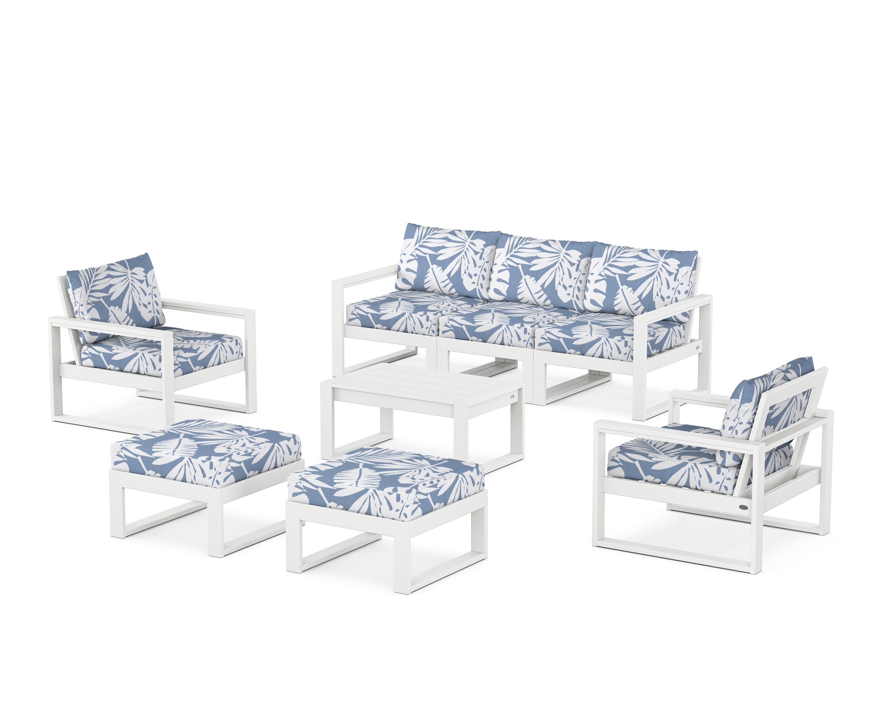 POLYWOOD® EDGE Sectional 8-Piece Lounge Sofa Set in White / Leaf Sky Blue