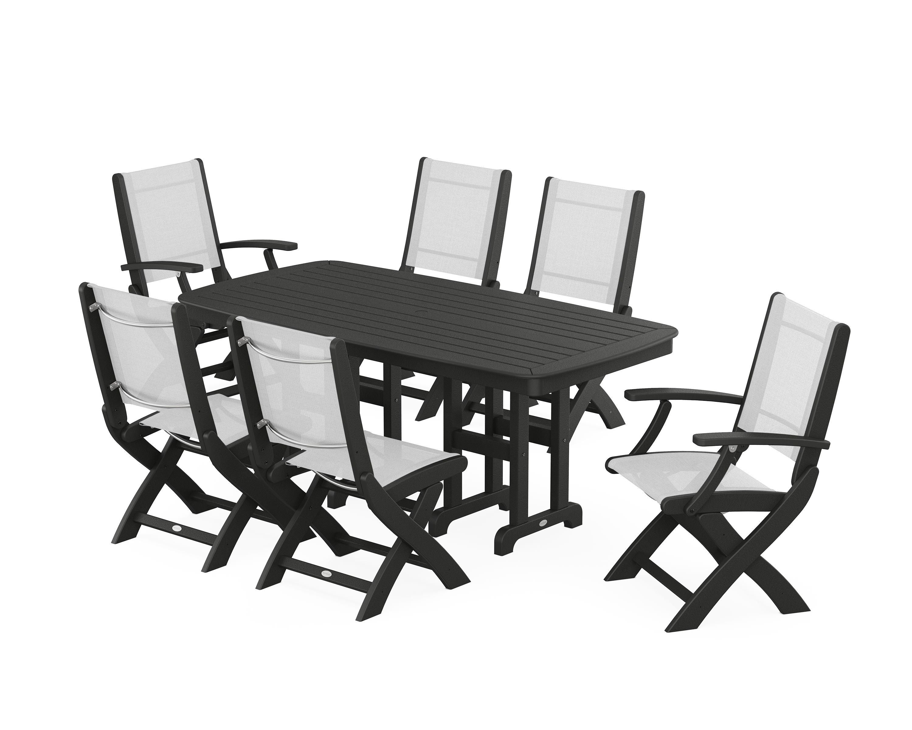 POLYWOOD® Coastal Folding Chair 7-Piece Dining Set in Black / White Sling