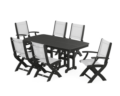 POLYWOOD® Coastal Folding Chair 7-Piece Dining Set in Black / White Sling