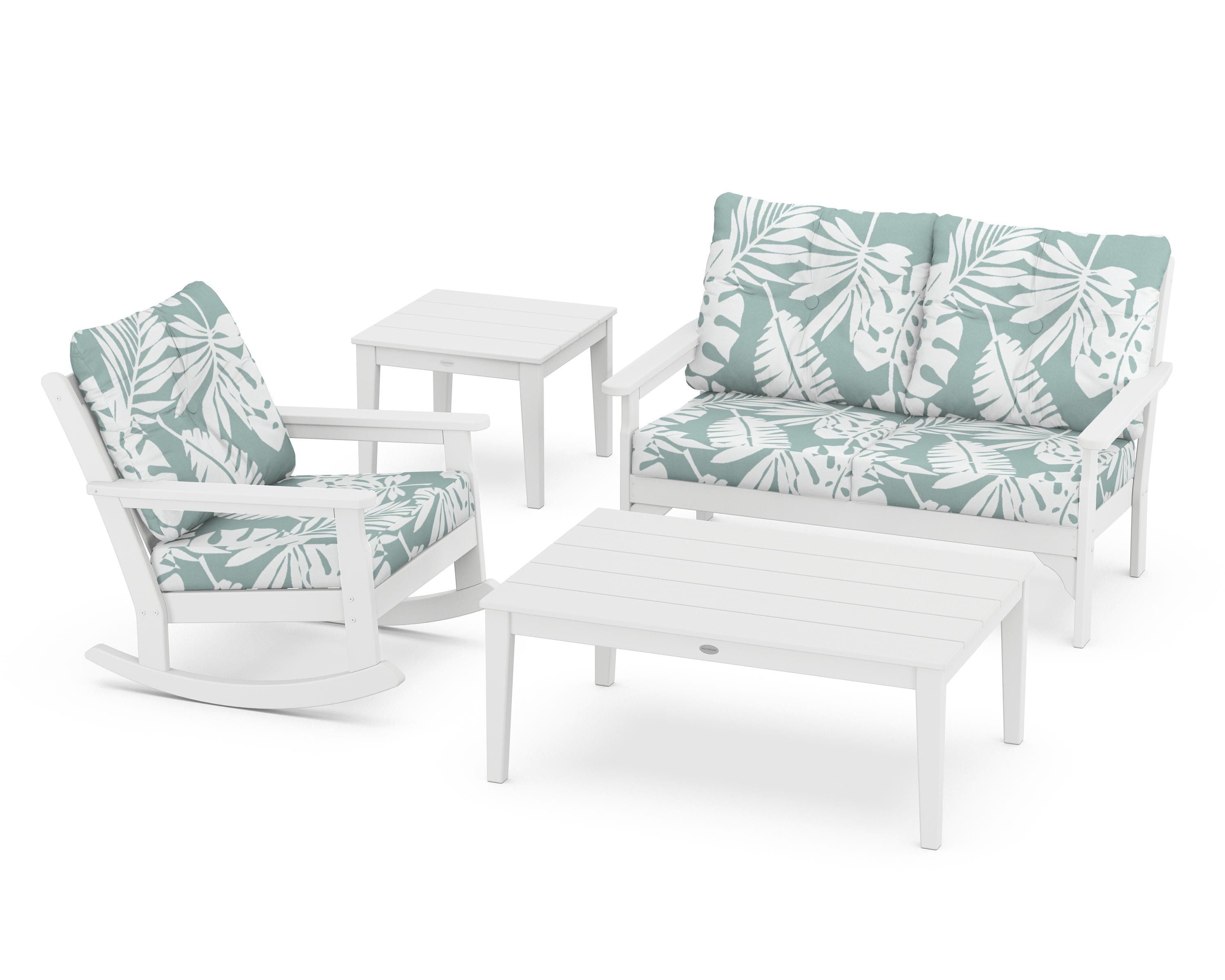 POLYWOOD® Vineyard 4-Piece Deep Seating Rocker Set in White / Leaf Glacier Spa