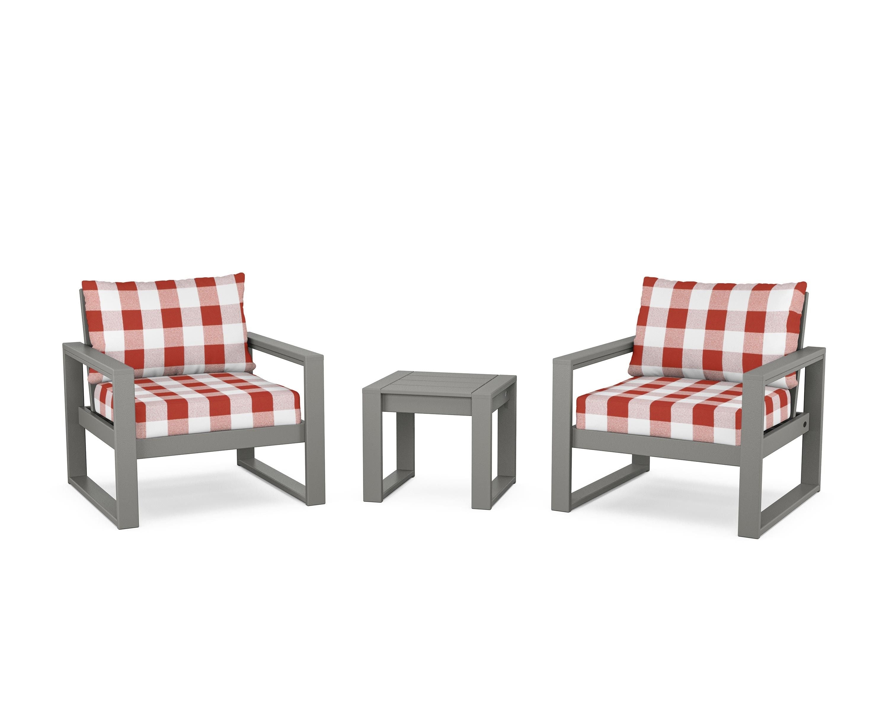 POLYWOOD® EDGE Sectional 3-Piece Deep Seating Set in Slate Grey / Buffalo Plaid Crimson