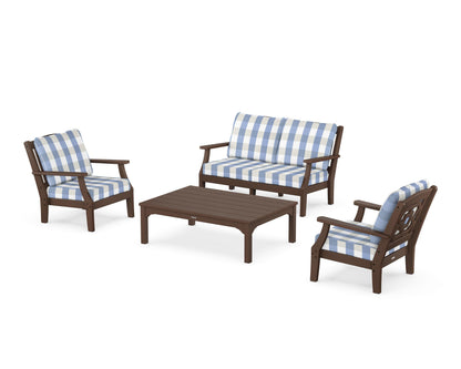Martha Stewart by POLYWOOD® Chinoiserie 4-Piece Deep Seating Set with Loveseat in Mahogany / Buffalo Plaid Sky Blue